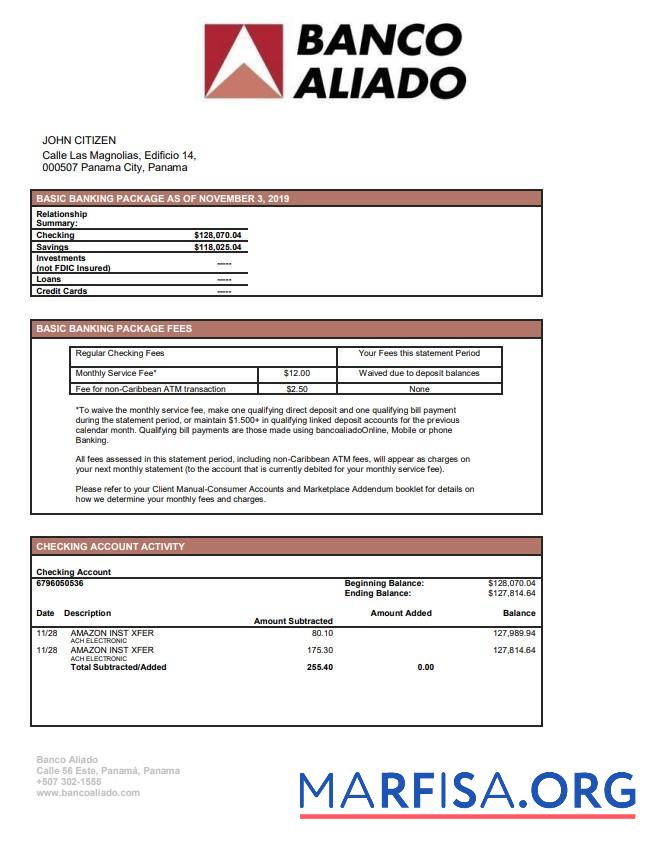 Blank Panama Banco Aliado bank statement word download for verification